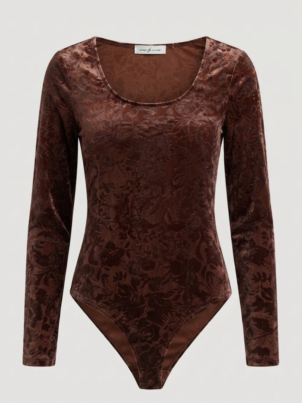 Ces Femme Velvet Floral Print Bodysuit Long Sleeve Mocha Brown Burnout Top M